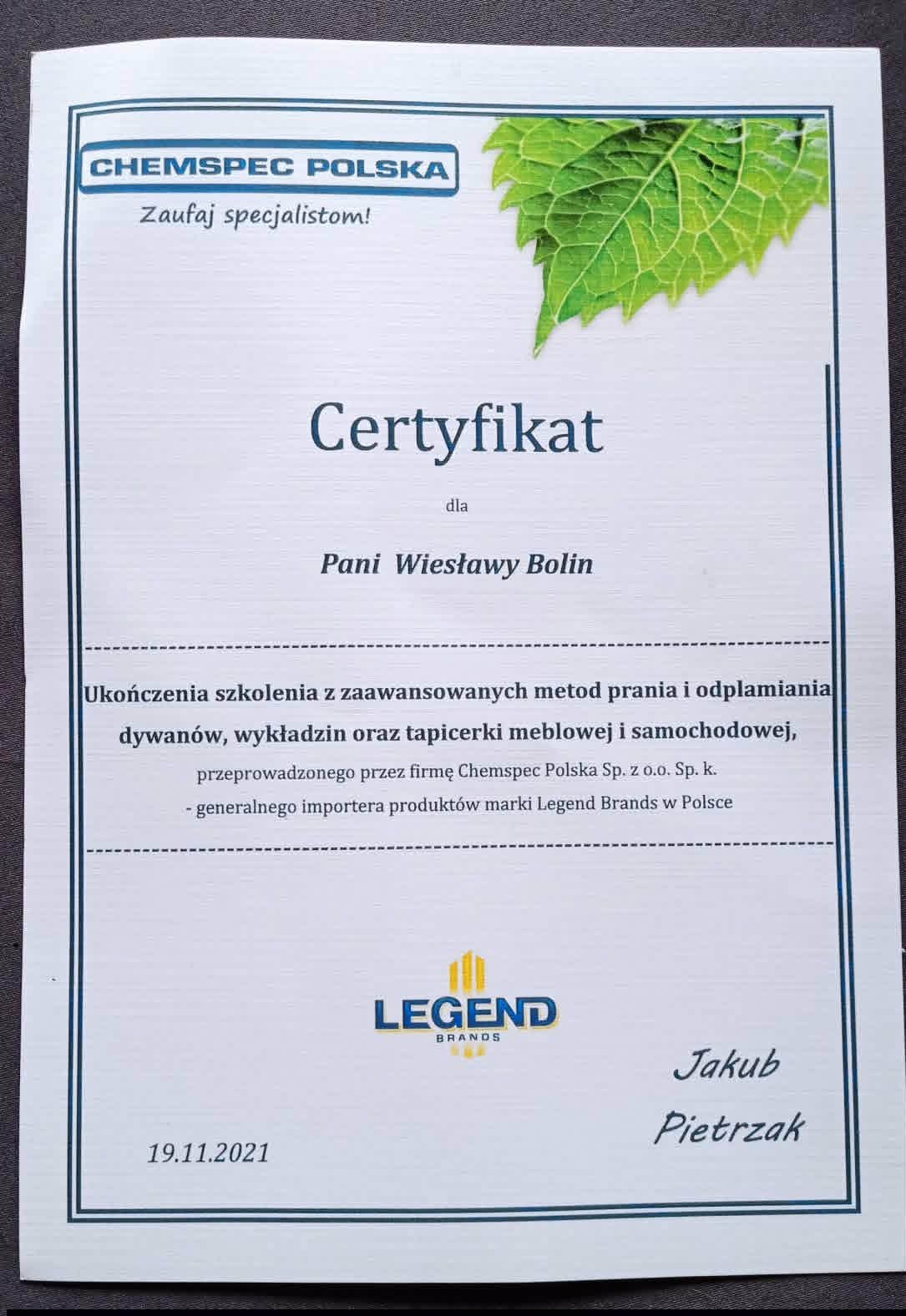Certyfikat ukończenia szkolenia Wiesławy Bolin z zaawansowanych metod prania i odplamiania